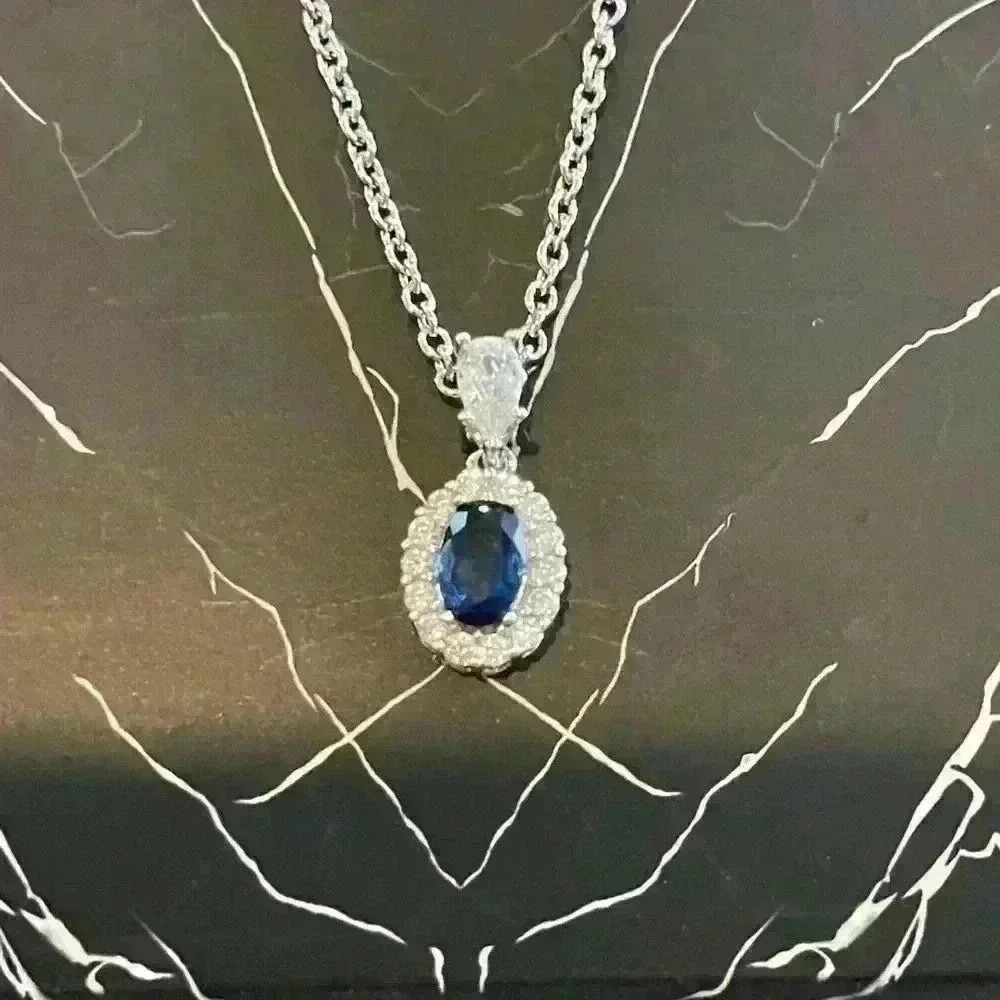Genevive .925 Sterling Silver 18” Necklace w/Pendant CZ Cobalt Stones